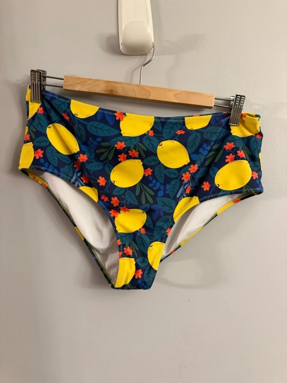 Navy Lemon Print High Waist Bikini Bottoms.